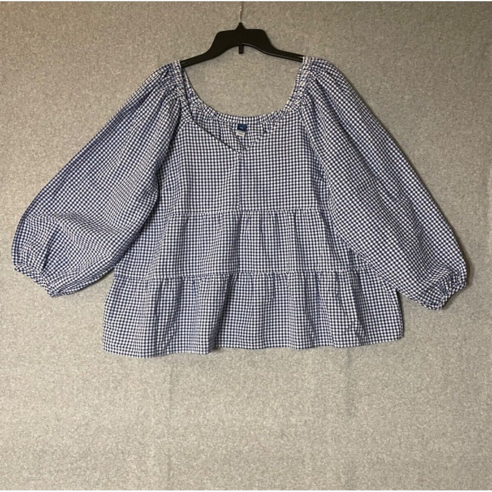 Old Navy Top Womens XXL Puff Sleeve Blue White Gingham V Neck Picnic Prairie